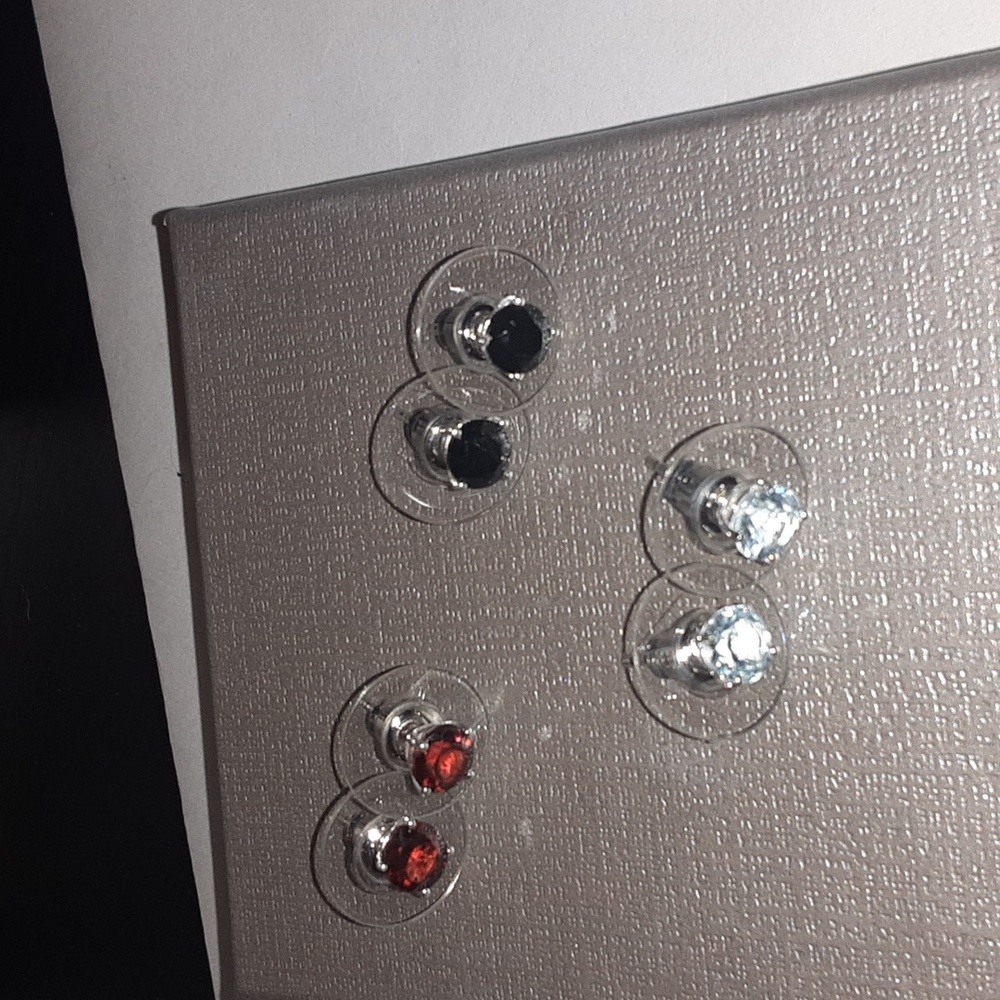 PRICE DROP! Genuine garnet, black spinel, and sky blue topaz stud earrings.